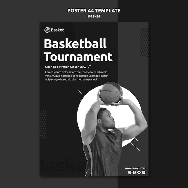 PSD gratuit affiche verticale en noir et blanc avec un athlète de basket-ball masculin