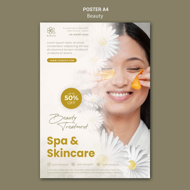 PSD gratuit affiche verticale pour la beauté et le spa avec femme et fleurs de camomille