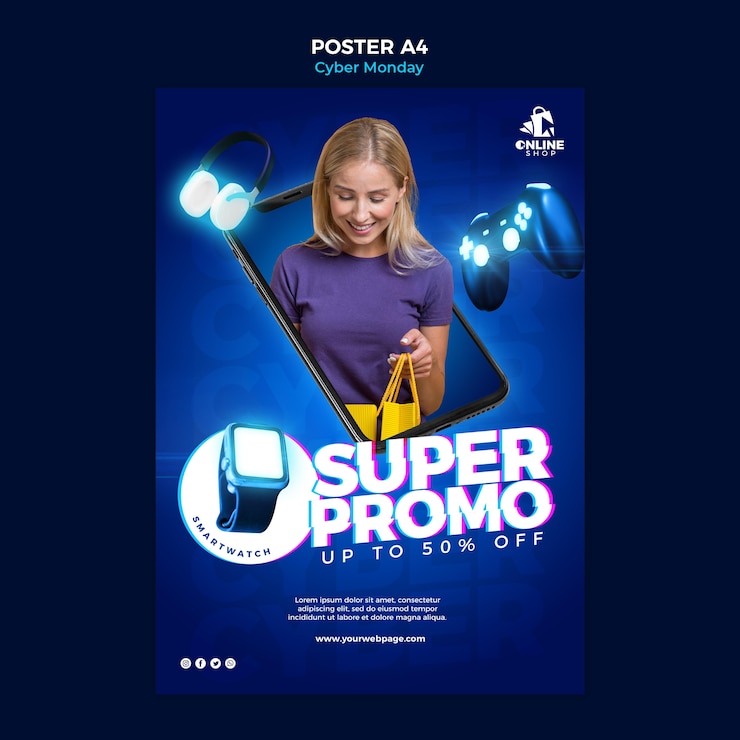 PSD gratuit affiche verticale pour cyber lundi avec femme et objets