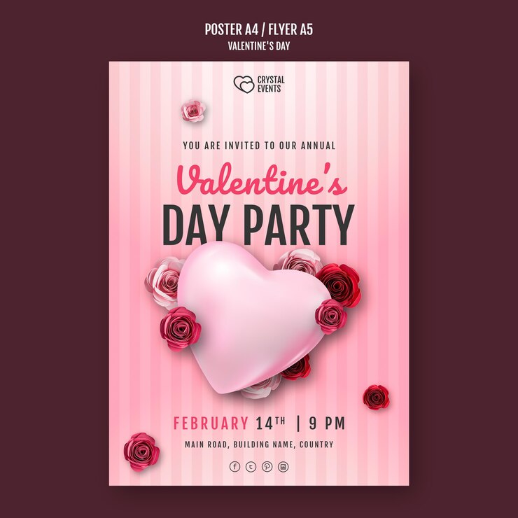 PSD gratuit affiche verticale pour la saint-valentin avec coeur et roses rouges