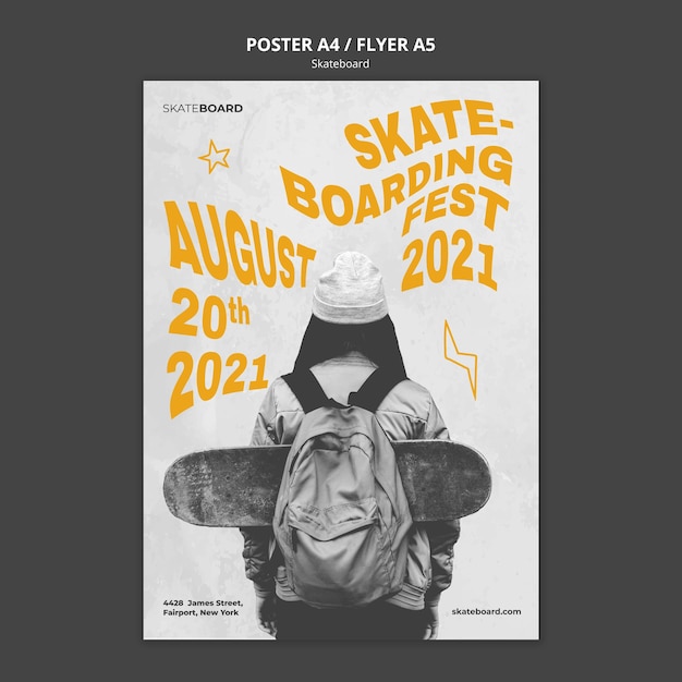 PSD gratuit affiche verticale pour le skateboard avec une femme