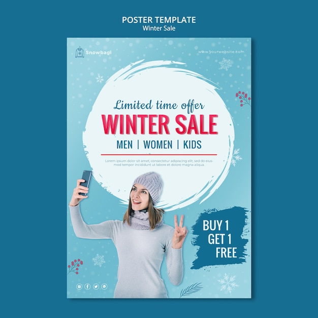Affiche verticale pour les soldes d'hiver avec femme et flocons de neige