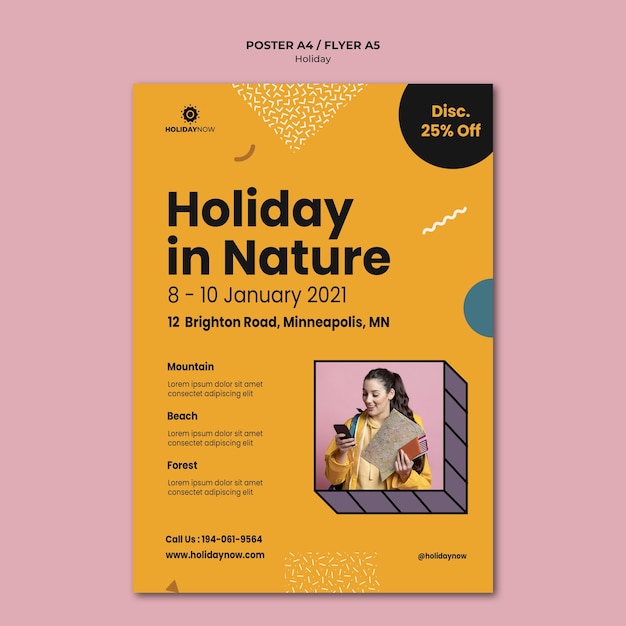 PSD gratuit affiche verticale pour des vacances avec une femme backpacker