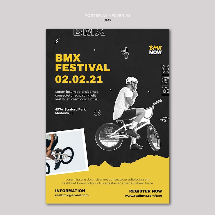 PSD gratuit affiche verticale pour vélo bmx avec homme et vélo