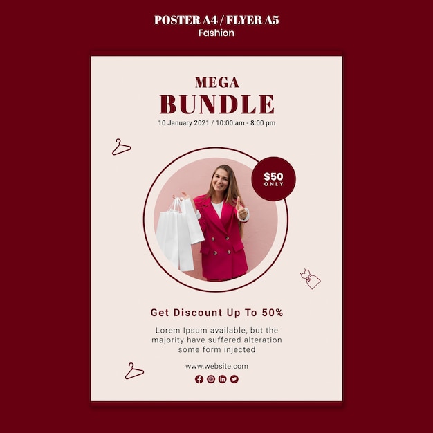 PSD gratuit affiche verticale pour vente de mode avec femme et sacs à provisions