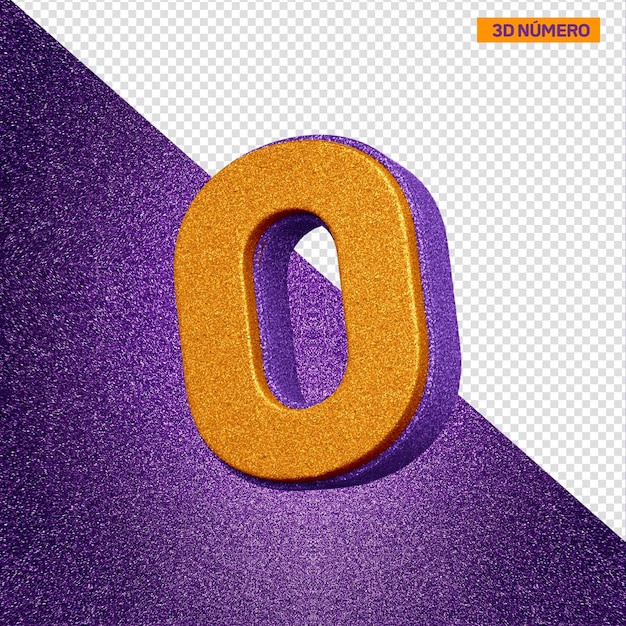 PSD gratuit alphabet 3d numéro 0 avec texture scintillante orange et violette