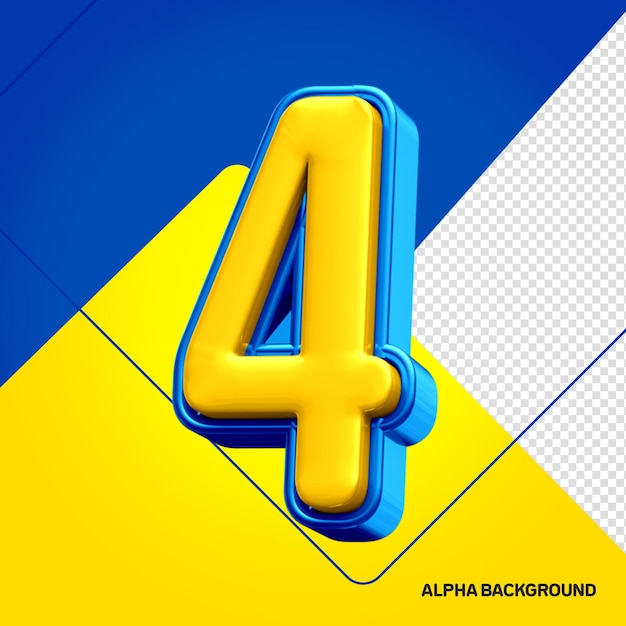 PSD gratuit alphabet jaune avec le numéro 4 bleu 3d
