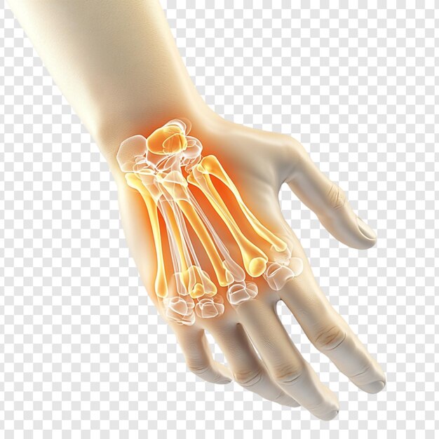 Anatomie de la main Illustration 3D détaillée des os de la main avec des articulations lumineuses