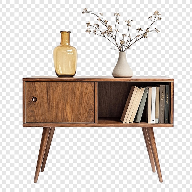 PSD gratuit armoire moderne en bois de noix du milieu du siècle avec livres et décor