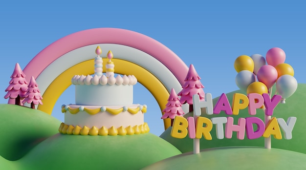 Arrière-plan d'anniversaire 3D avec des éléments de contes de fées
