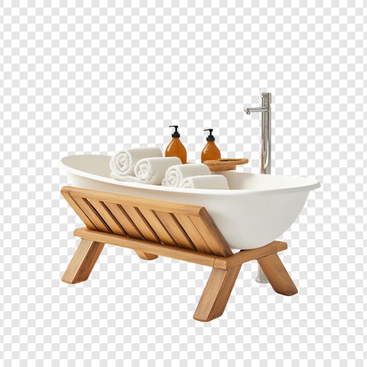 PSD gratuit une baignoire indépendante relaxante avec un support en bois