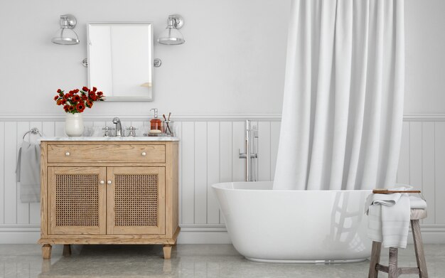 baignoire avec rideau et lavabo sur placard