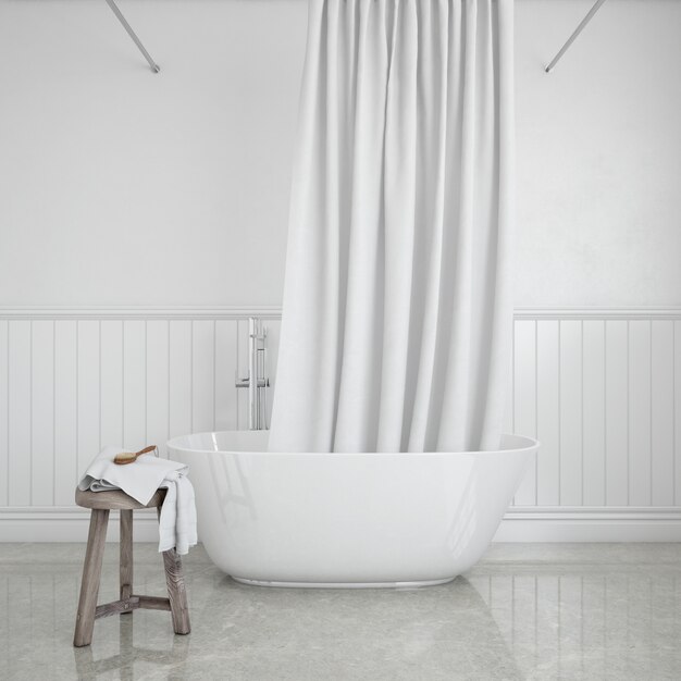 baignoire avec rideau et tabouret avec serviette