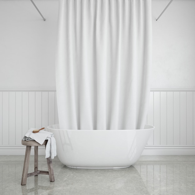 Baignoire Avec Rideau Et Tabouret Avec Serviette