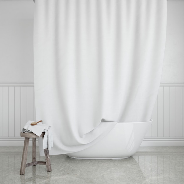 baignoire avec rideau et tabouret avec serviette