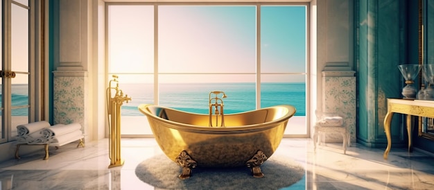 PSD gratuit baignoire avec vase en or et serviette sur la mer generative ai