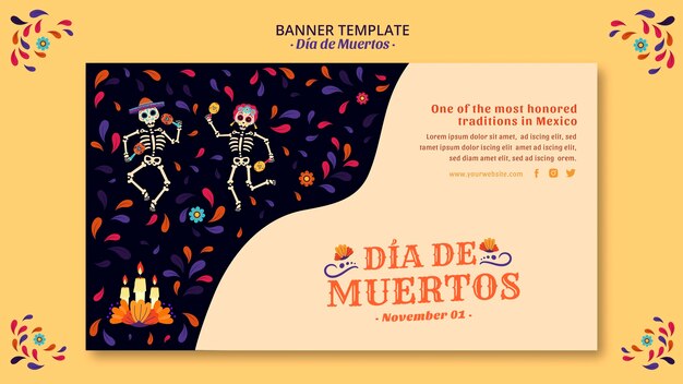 Bannière de culture squelette et confettis mexicain