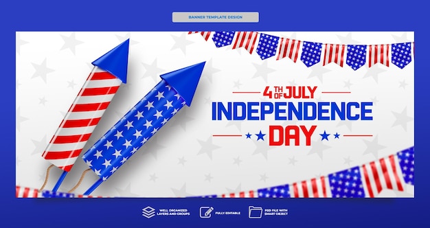 PSD gratuit bannière fête de l'indépendance américaine en conception de modèle de célébration de rendu 3d