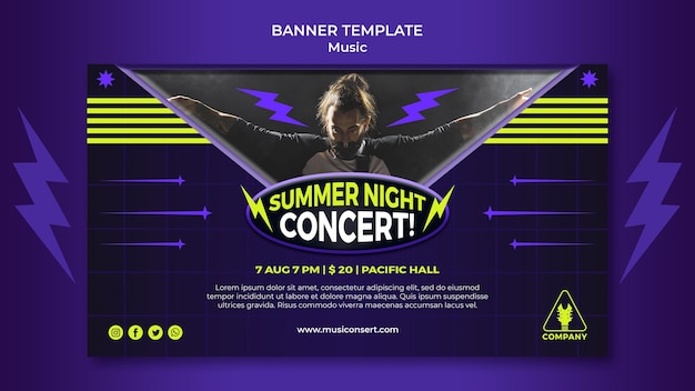 Bannière horizontale au néon pour le concert de nuit d'été