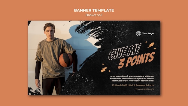 PSD gratuit bannière horizontale de basket-ball avec photo