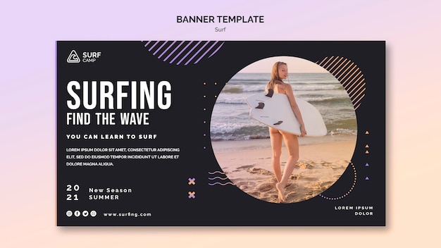 PSD gratuit bannière horizontale de cours de surf avec photo