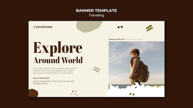 PSD gratuit bannière horizontale avec enfant voyage sac à dos