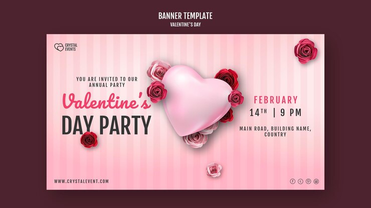 PSD gratuit bannière horizontale pour la saint-valentin avec coeur et roses rouges