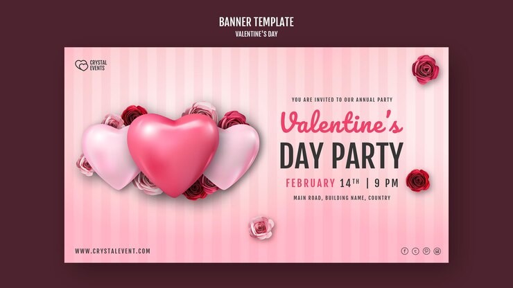 PSD gratuit bannière horizontale pour la saint-valentin avec coeur et roses rouges