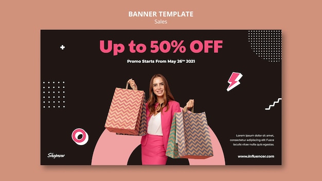 PSD gratuit bannière horizontale pour les ventes avec femme en costume rose