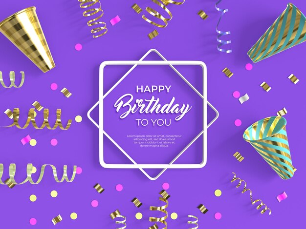 Bannière de joyeux anniversaire 3d avec modèle de décoration de confettis et de ballons
