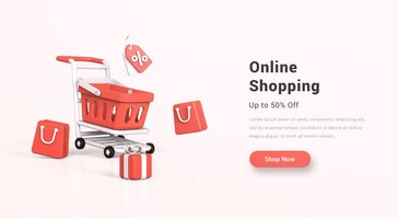 Bannière de magasinage en ligne avec boîte-cadeau de sac à provisions 3d réaliste et étiquette de prix