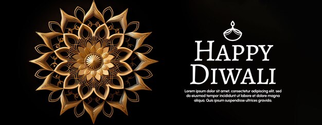 Bannière De Mandala Doré Pour Diwali Sur Fond Noir