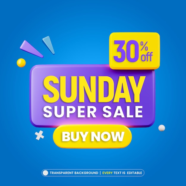 PSD gratuit bannière d'offre de super vente du dimanche avec rendu 3d du modèle de texte modifiable