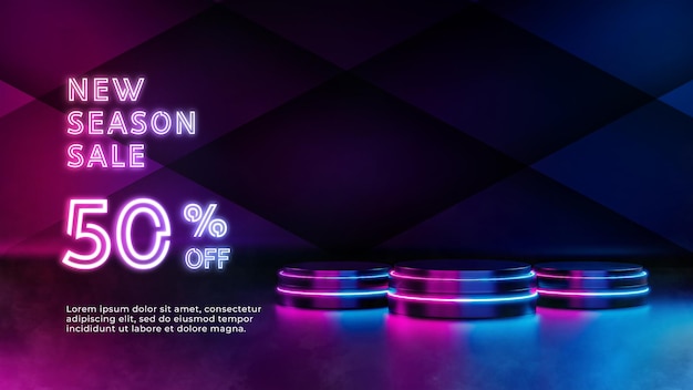 Bannière de vente réaliste 3d d'affichage led neon glow noir podium