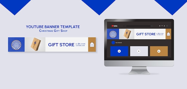 PSD gratuit bannière youtube du magasin de cadeaux bleu et or