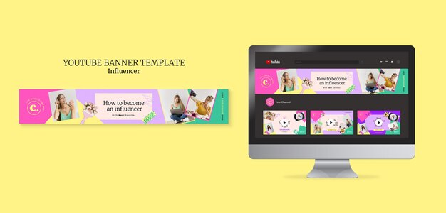 Bannière youtube de travail d'influenceur design plat