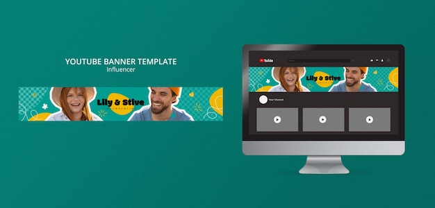 PSD gratuit bannière youtube de travail d'influenceur design plat