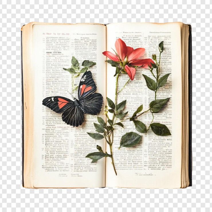 PSD gratuit la beauté botanique une fleur pressée et un papillon sur un livre antique