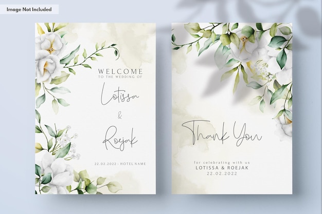 PSD gratuit belle invitation de mariage à l'aquarelle avec des feuilles de verdure et une fleur blanche