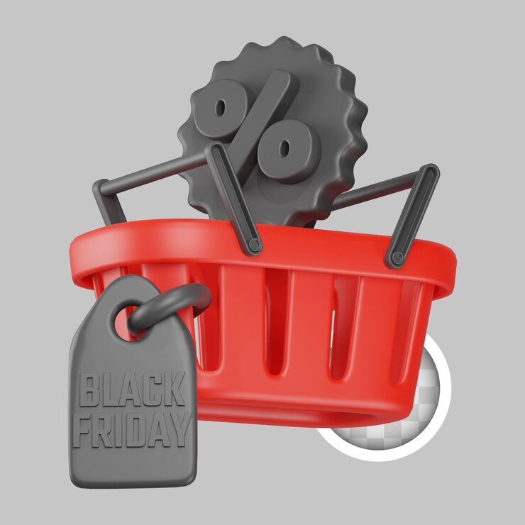 PSD gratuit black friday avec illustration 3d du panier de réduction