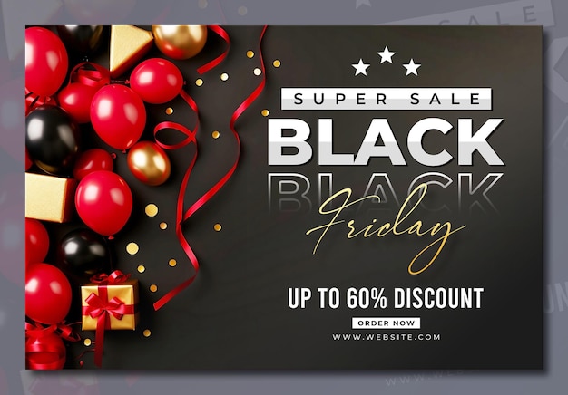PSD gratuit black friday sale banner template with 3d gifts and balloons