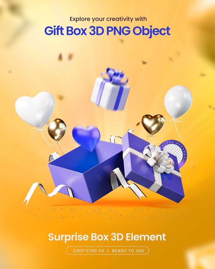 PSD gratuit boîte cadeau surprise d'anniversaire 3d les éléments des médias sociaux isolés