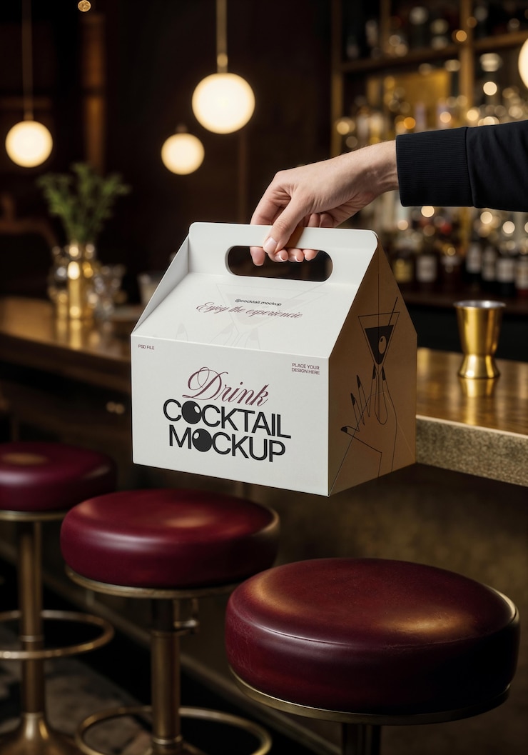 PSD gratuit boîte à emporter blanche tenue dans un bar