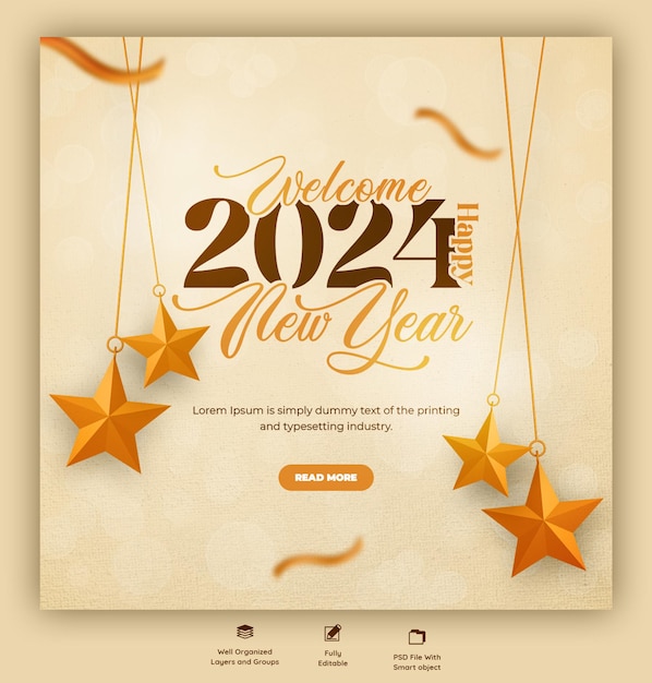 PSD gratuit bonne année 2024 célébration de la conception de messages sur les réseaux sociaux ou modèle de bannière