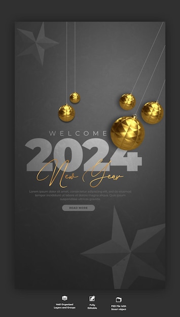 PSD gratuit bonne année 2024 célébration instagram et facebook story design de poste ou modèle de bannière