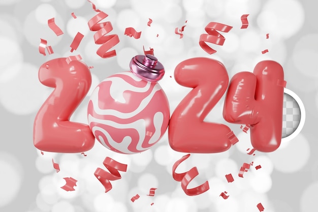 PSD gratuit bonne année 2024 rendu 3d du numéro 2014 avec un ballon rose et des confettis