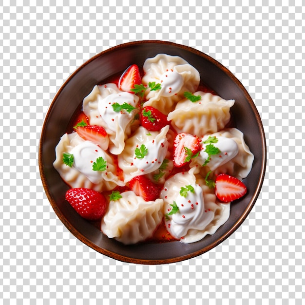 PSD gratuit des boulettes ravioli avec de la crème glacée et des fraises sur une assiette noire