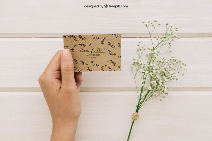PSD gratuit bouquet de fleurs et carte de mariage à main