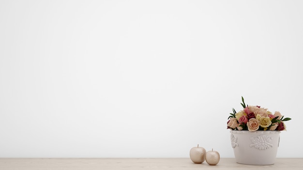 Bouquet de roses artificielles dans un vase blanc, mur blanc avec fond