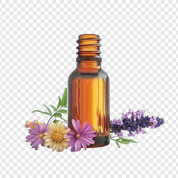 Bouteille d'huile essentielle d'ambre entourée de fleurs violettes et jaunes vibrantes expérience d'aromathérapie sereine